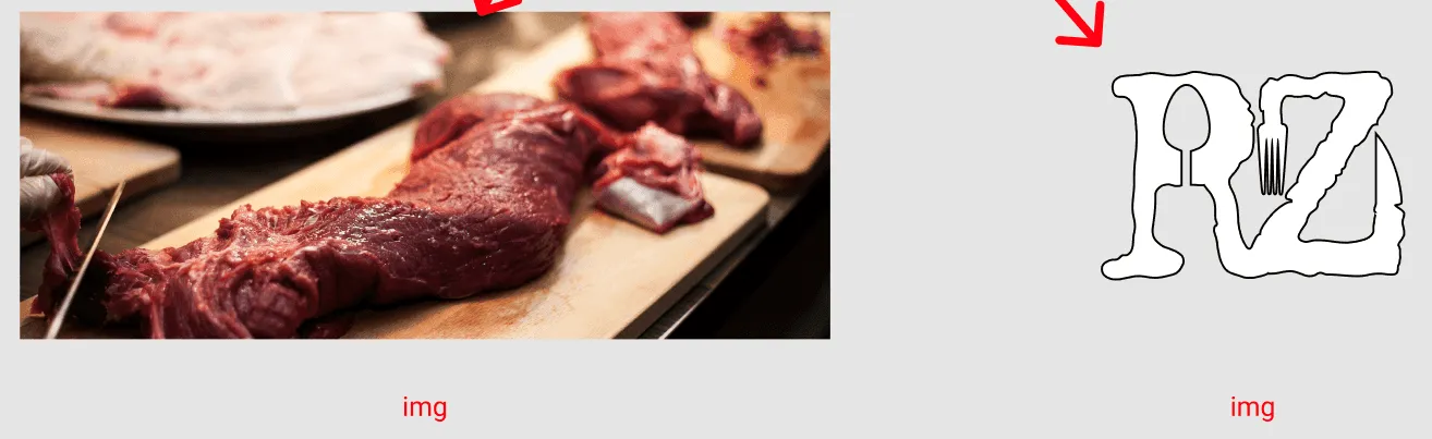 Impression écran montrant un exemple de découpage de la div dans le header entre l'image de fond montrant de la viande et l'image qui représente le logo par dessus