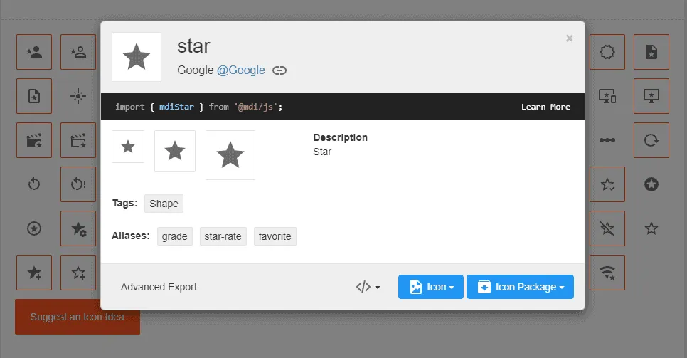 Impression écran montrant le site MDI icons avec l'icône montrant une étoile